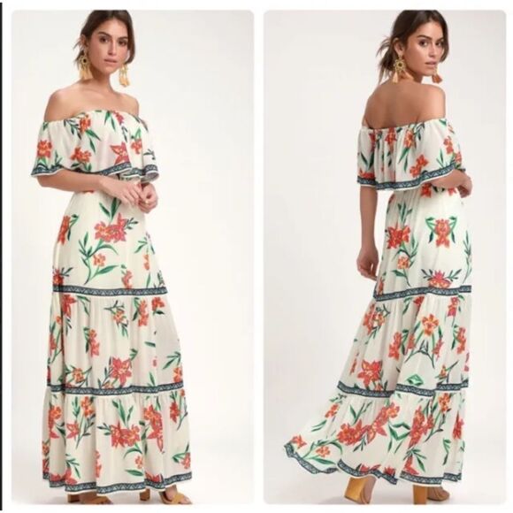 Lulus Dresses & Skirts - Lulus Cancun Cutie Ivory Floral Print Off-the-Shoulder Maxi Dress Sz M Vacation